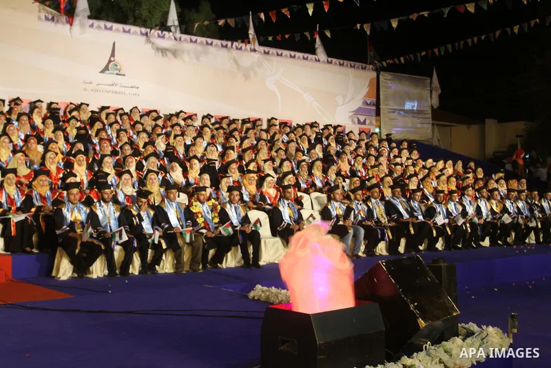 Palestinian students take part in their graduation ceremony at Al-Aqsa University in Khan Younis in the southern of Gaza strip on August 29, 2015. Photo by Abed Rahim Khatib