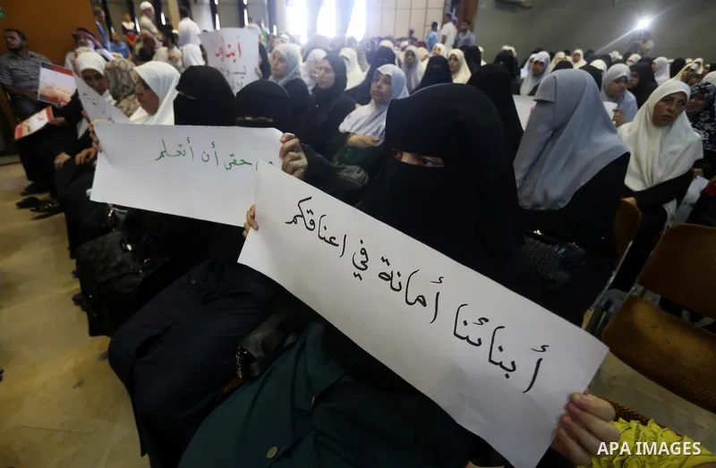 Families of Palestinians who were abducted of by gunmen is Egypt's Sinai's northern region, attend a meeting, in Gaza city on August 30, 2015. Gunmen in Egypt boarded a bus carrying Palestinians from Cairo to Gaza and se...
