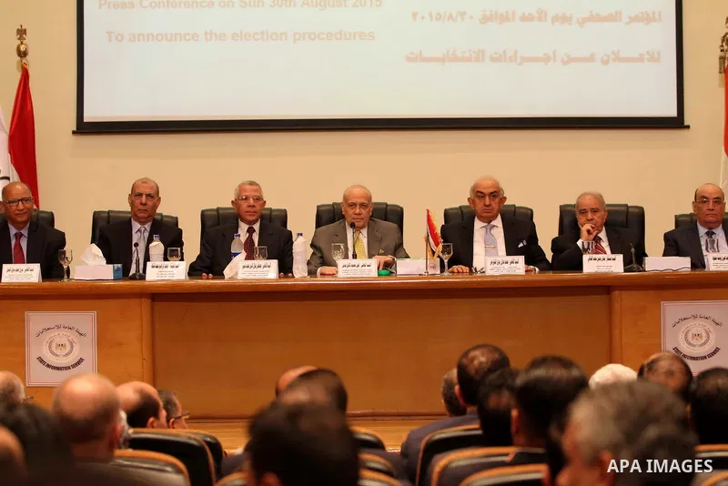 Members of the High Elections Committee attend a news conference in Cairo, Egypt, August 30, 2015. Egypt will hold a long-awaited parliamentary election in two phases starting Oct. 18-19, the election commission said on...