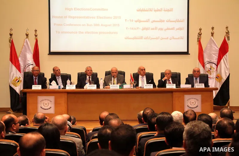 Members of the High Elections Committee attend a news conference in Cairo, Egypt, August 30, 2015. Egypt will hold a long-awaited parliamentary election in two phases starting Oct. 18-19, the election commission said on...