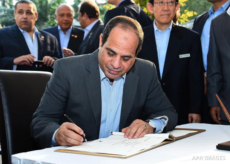 Egypt's President Abdel Fattah al-Sisi signs a guest book in front of "dendrobium Abdel Fattah al-Sisi" orchids named in his honour during a visit to the Botanical gardens in Singapore on August 31, 2015. President Abdel...
