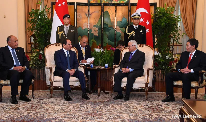 Egypt's President Abdel Fattah al-Sisi meets with Singaporean counterpart Tony Tan Keng Yam at the Istana presidential palace in Singapore on August 31, 2015. President Abdel Fattah al-Sisi is on a three-day state visit...
