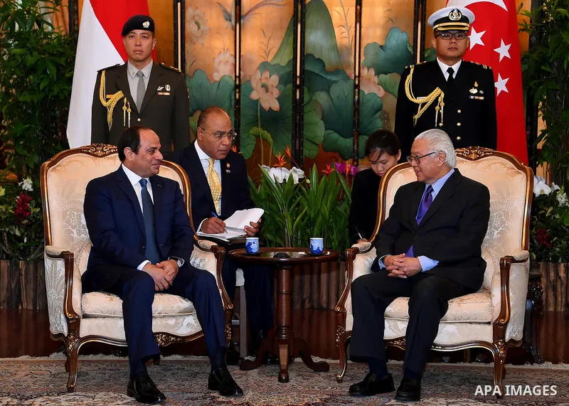 Egypt's President Abdel Fattah al-Sisi meets with Singaporean counterpart Tony Tan Keng Yam at the Istana presidential palace in Singapore on August 31, 2015. President Abdel Fattah al-Sisi is on a three-day state visit...