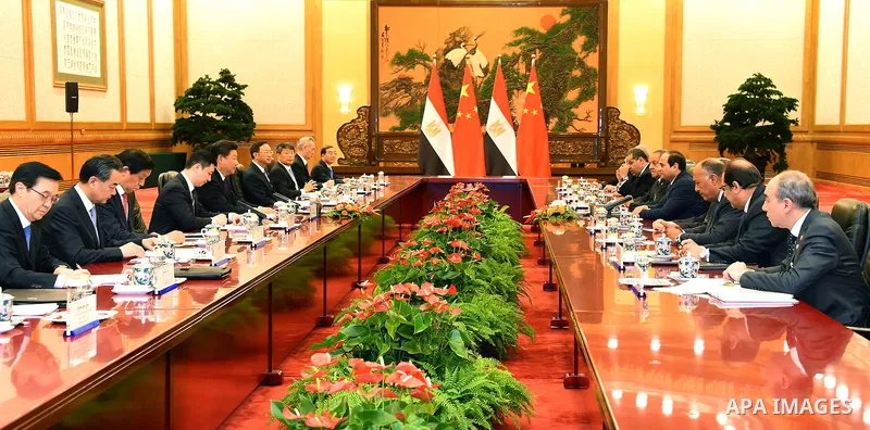 Egyptian President Abdel-Fattah al-Sisi meets with Chinese President Xi Jinping in Beijing, capital of China, Sept. 2, 2015, to attend events commemorating the 70th anniversary of the victory in the Chinese People's War...