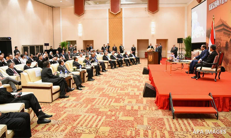 Egyptian President Abdel-Fattah al-Sisi meets with Chinese businessmen in Beijing, capital of China, Sept. 2, 2015, to attend events commemorating the 70th anniversary of the victory in the Chinese People's War of Resist...