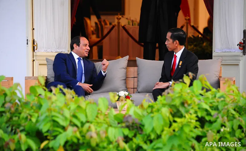 Egypt's President Abdel Fattah al-Sisi walks meets with Indonesia's President Joko Widodo at the presidential palace in Jakarta on September 4, 2015. Al-Sisi, who arrived from Beijing, is on the final stop of his near we...