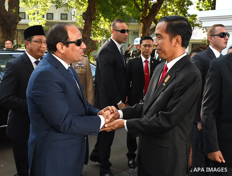 Egypt's President Abdel Fattah al-Sisi walks meets with Indonesia's President Joko Widodo at the presidential palace in Jakarta on September 4, 2015. Al-Sisi, who arrived from Beijing, is on the final stop of his near we...