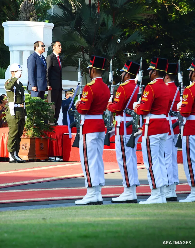 Egypt's President Abdel Fattah al-Sisi walks with Indonesia's President Joko Widodo as they review the honour guard at the presidential palace in Jakarta on September 4, 2015. Al-Sisi, who arrived from Beijing, is on the...