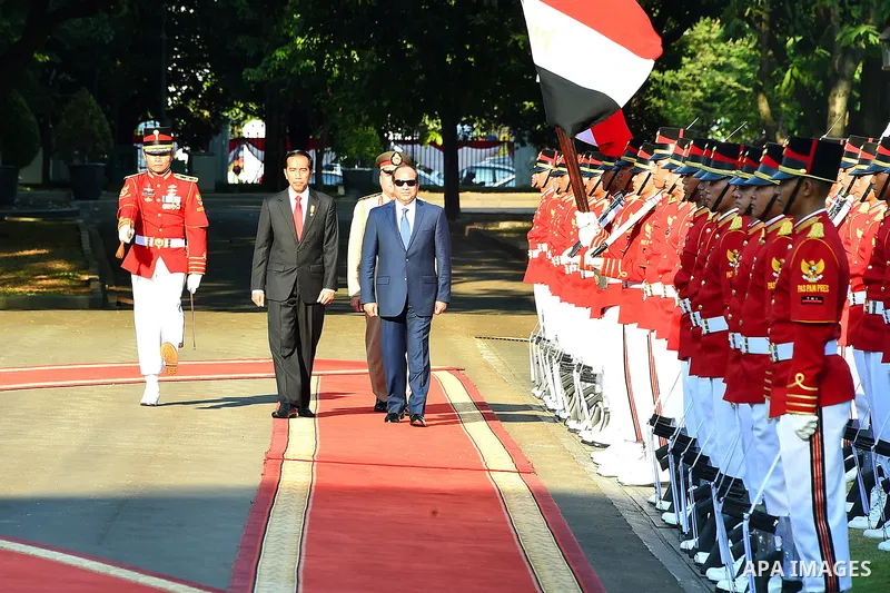 Egypt's President Abdel Fattah al-Sisi walks with Indonesia's President Joko Widodo as they review the honour guard at the presidential palace in Jakarta on September 4, 2015. Al-Sisi, who arrived from Beijing, is on the...