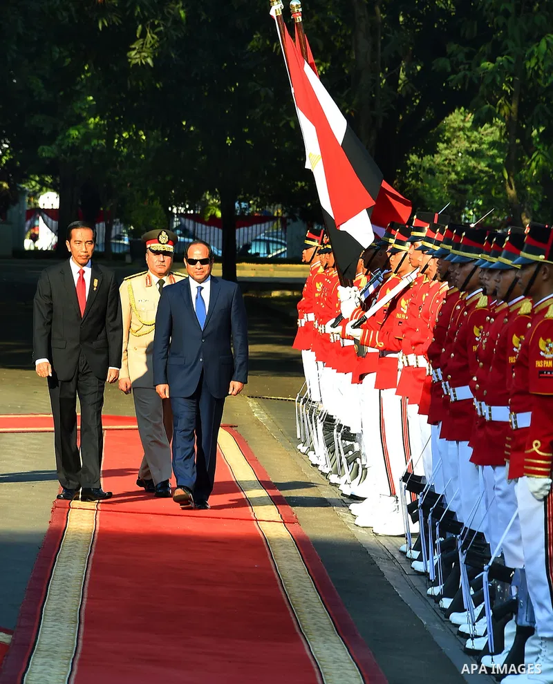 Egypt's President Abdel Fattah al-Sisi walks with Indonesia's President Joko Widodo as they review the honour guard at the presidential palace in Jakarta on September 4, 2015. Al-Sisi, who arrived from Beijing, is on the...
