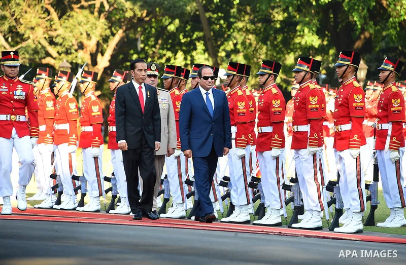Egypt's President Abdel Fattah al-Sisi walks with Indonesia's President Joko Widodo as they review the honour guard at the presidential palace in Jakarta on September 4, 2015. Al-Sisi, who arrived from Beijing, is on the...