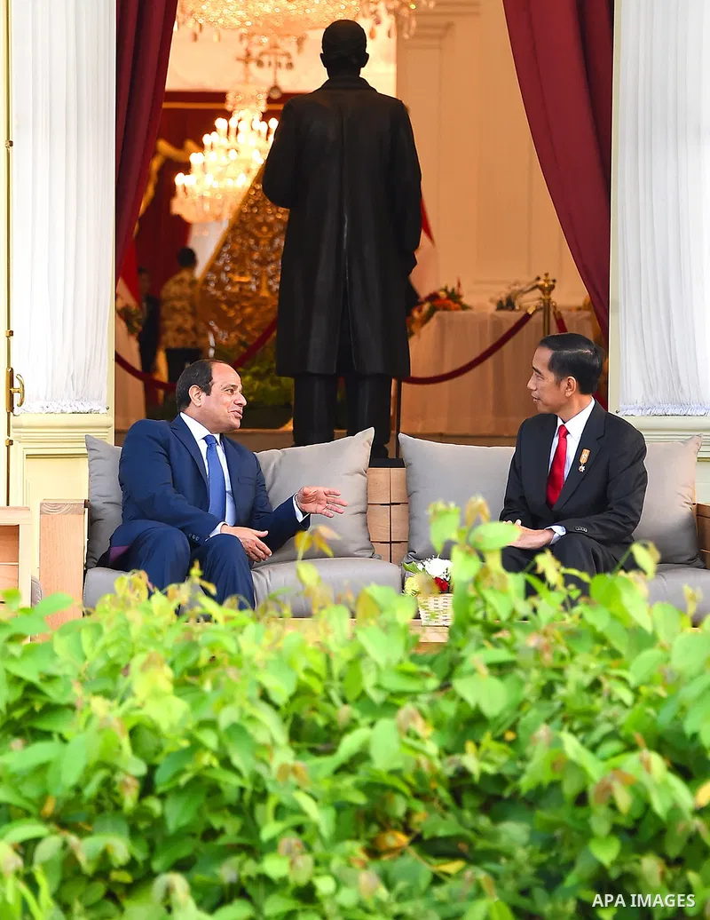 Egypt's President Abdel Fattah al-Sisi walks meets with Indonesia's President Joko Widodo at the presidential palace in Jakarta on September 4, 2015. Al-Sisi, who arrived from Beijing, is on the final stop of his near we...