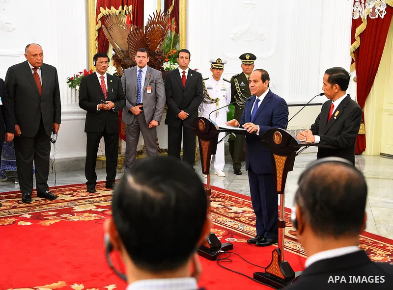 Egyptian President Abdel Fattah al-Sisi and Indonesia's President Joko Widodo attend a joint press conference in Jakarta on September 4, 2015. Al-Sisi, who arrived from Beijing, is on the final stop of his near week-long...