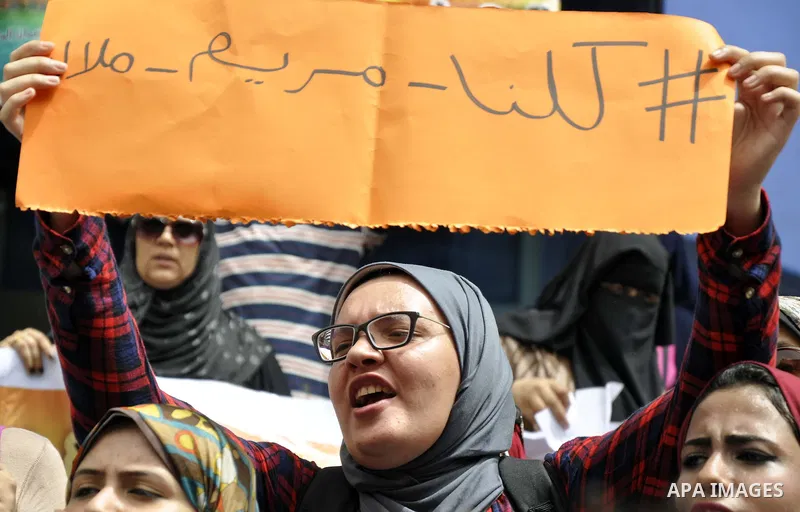 Egyptian teachers and students shout slogans during a protest against the Minister of Education Moheb El-Rafie, and demanding for his dismissal, outside the journalists syndicate, in Cairo on September 10, 2015. Photo by...