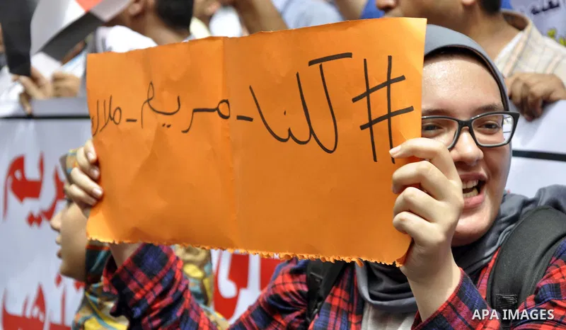 Egyptian teachers and students shout slogans during a protest against the Minister of Education Moheb El-Rafie, and demanding for his dismissal, outside the journalists syndicate, in Cairo on September 10, 2015. Photo by...