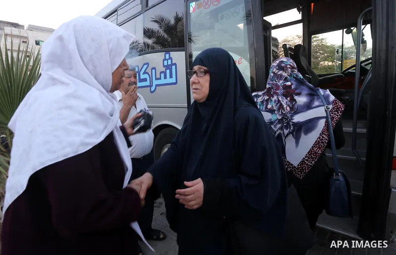 Families of Palestinian martyrs gather at al-Katiba square before travel to Saudi Arabia through Egypt to attend the annual Hajj, in Gaza city on September 17, 2015. Custodian of the Two Holy Mosques King Salman has issu...