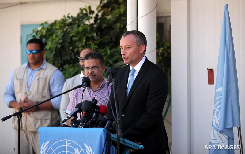 United Nations' new Middle East peace envoy, Nickolay Mladenov speaks during a press conference in Gaza city on Sep. 17, 2015. Mladenov will meet with UN officials, the head of the Qatari National Committee for the Recon...