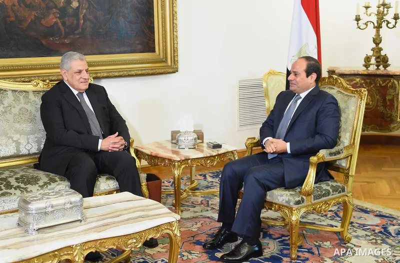 A handout picture made available by the Egyptian Presidency shows Egyptian President Abdel Fattah al-Sisi (R) meeting with Ibrahim Mahlab after he was sworn in as Egypt's new assistant to the president of the republic an...