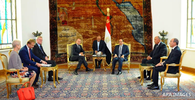 A handout picture made available by the Egyptian Presidency on September 19, 2015, shows Egyptian President Abdel Fattah al-Sisi meets with EU President Donald Tusk in the capital Cairo. Photo by Egyptian President Offic...