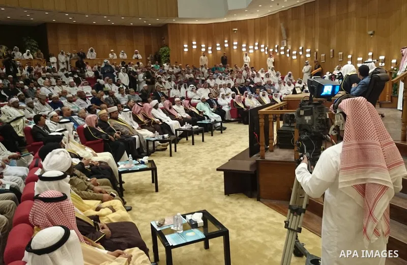 Muslim pilgrims attend the 16th conference of "Muslim youth and Media" during the annual haj pilgrimage in Mecca September 16, 2015. According to the Muslims holy book the Koran, the Kaaba was built by Abraham and his so...