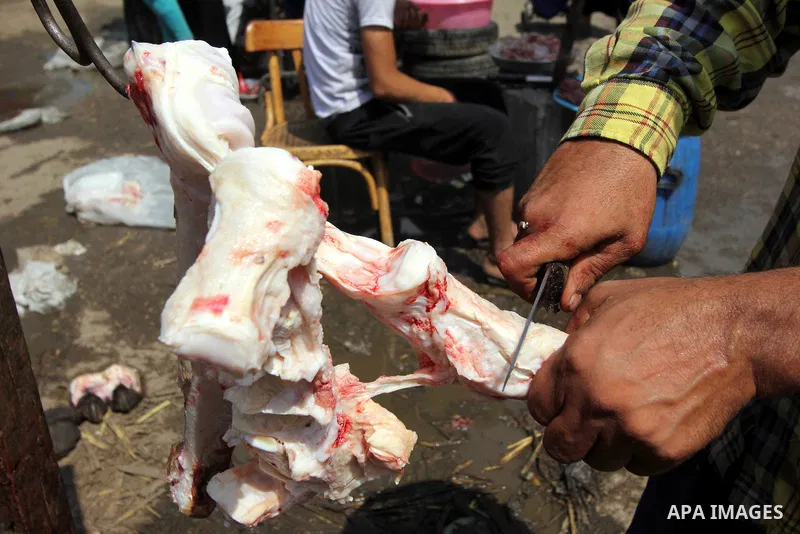 An Egyptian butcher sells buffalo meat at a market ahead of the sacrificial Eid al-Adha festival in Cairo on September 23, 2015. Muslims across the world are preparing to celebrate the annual festival of Eid al-Adha, or...