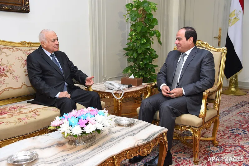 Egyptian President Abdel Fattah el-Sisi meets with Arab League Secretary-General Nabil Elarabi, in Cairo on October 13, 2015. Photo by Egyptian President Office