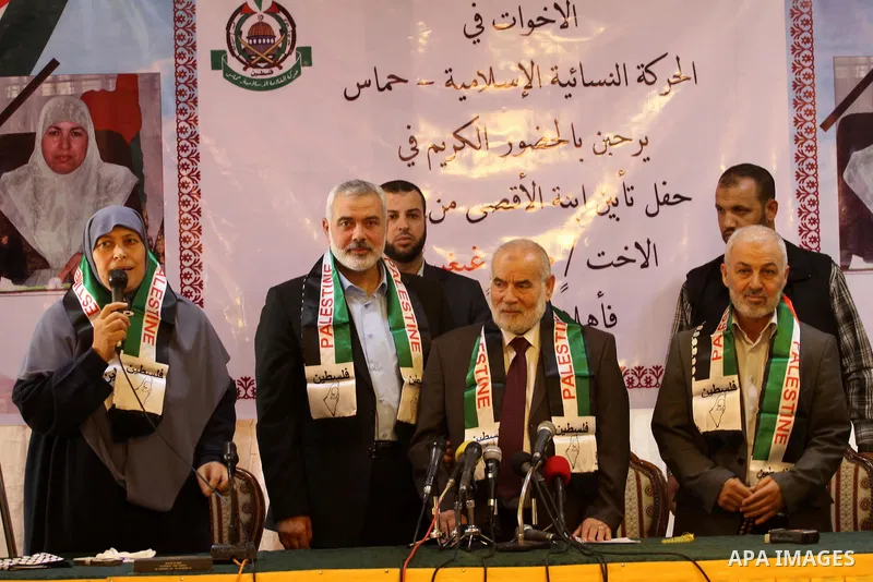 Senior Hamas leader Ismail Haniyeh attends a memorial service of pro-Palestinian Algerian activist Sabah Gheghissi, who, died on Sunday in a car accident, in Gaza city on October 28, 2015. Gheghissi is a well-known Alger...