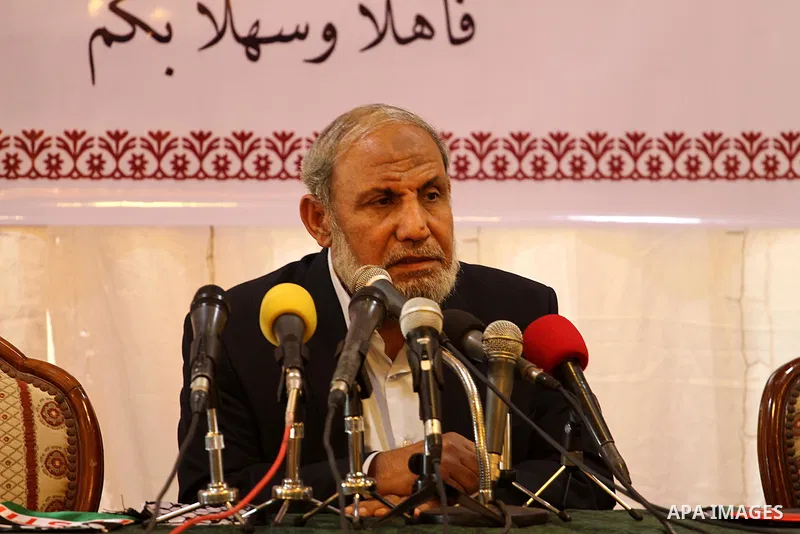 Senior Hamas leader Mahmoud al-Zahar attends a memorial service of pro-Palestinian Algerian activist Sabah Gheghissi, who, died on Sunday in a car accident, in Gaza city on October 28, 2015. Gheghissi is a well-known Alg...