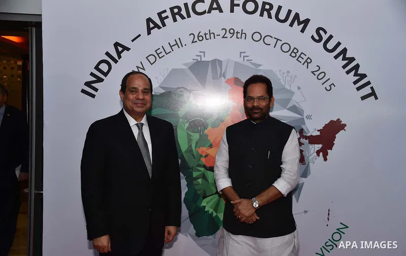Egyptian President Abdel Fattah Al Sisi arrives for the India Africa Forum Summit (IAFS) in New Delhi, India, Thursday, Oct. 29, 2015. More than 40 African leaders are in New Delhi for a summit to explore how Indian inve...