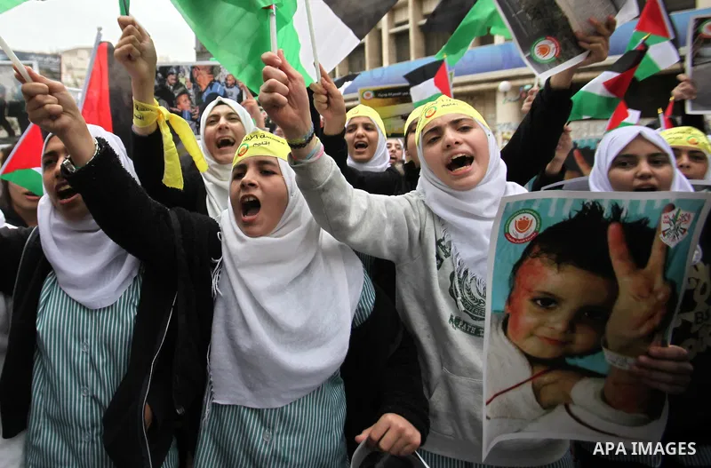 Palestinian students hold National flags during a protest to demand their rights, in the west Bank city of Nablus, on Oct. 29, 2015. Photo by Nedal Eshtayah