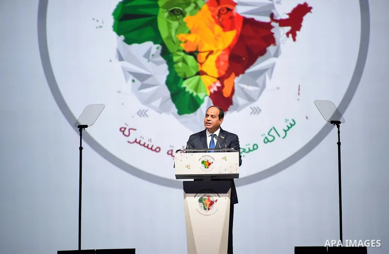Egypt's President Abdel Fattah el-Sisi addresses delegates during the India-Africa Forum Summit in New Delhi on October 29, 2015. Indian Prime Minister Narendra Modi will spell out his vision for the future of his countr...