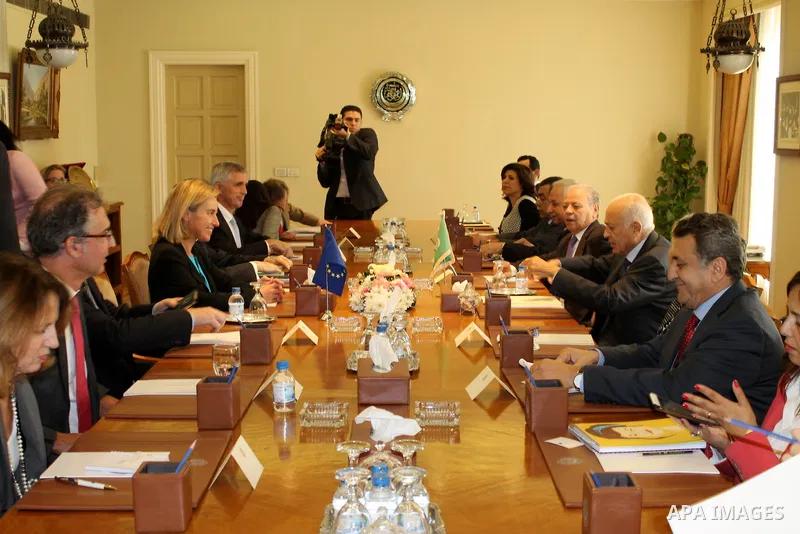 Arab League Security-General Nabil Elaraby, meets with European Union foreign policy chief Federica Mogherini at the Arab League headquarters in Cairo, Egypt, November 3, 2015. Photo by Stringer