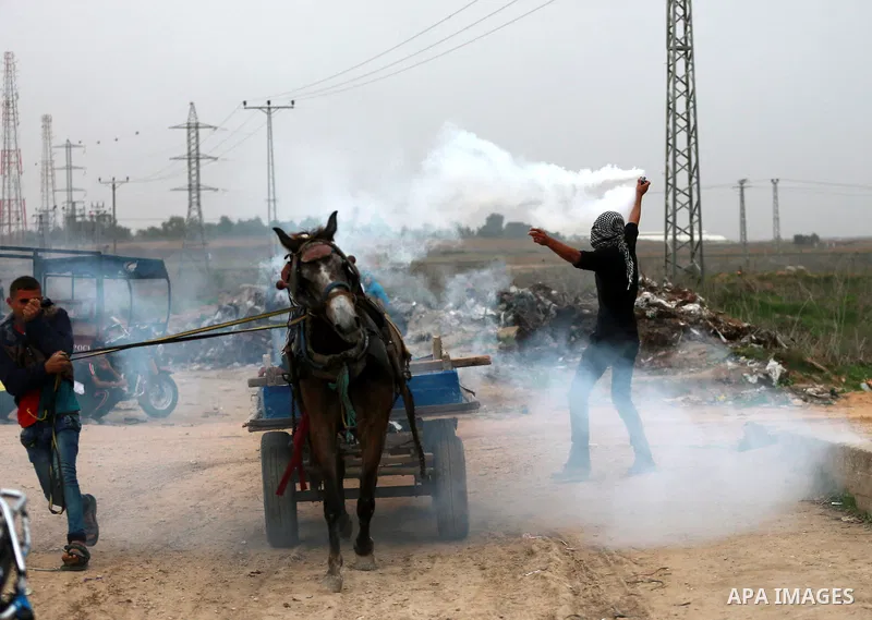 A Palestinian protester holds a tear gas canister fired by Israeli security forces during clashes near the border between Israel and eastern Gaza city, November 6, 2015. The current wave of violence erupted in mid-Septem...