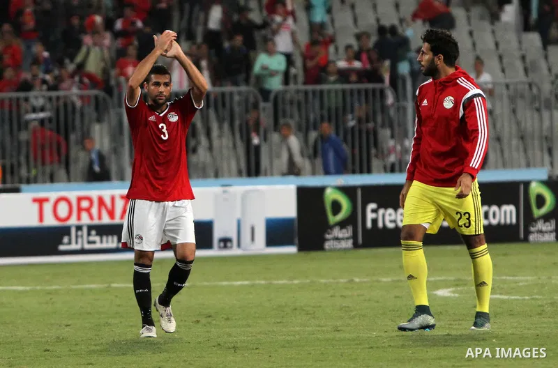 Egypt's players celebrate after Ahmed Hassan "Koka" scored a goal during their 2018 World Cup qualifying soccer match against Chad at Borg El Arab "Army Stadium" in the Mediterranean city of Alexandria, north of Cairo, E...