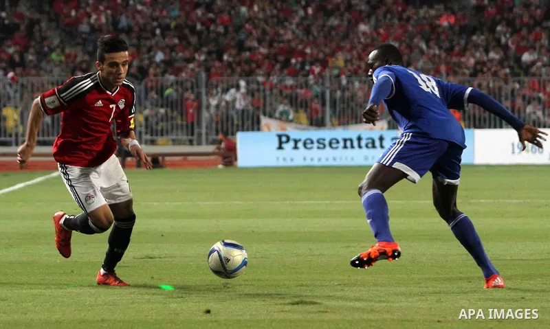 Egypt's players compete against Chad players during their 2018 World Cup qualifying soccer match agaist Chad at Borg El Arab "Army Stadium" in the Mediterranean city of Alexandria, north of Cairo, Egypt, November 17, 201...