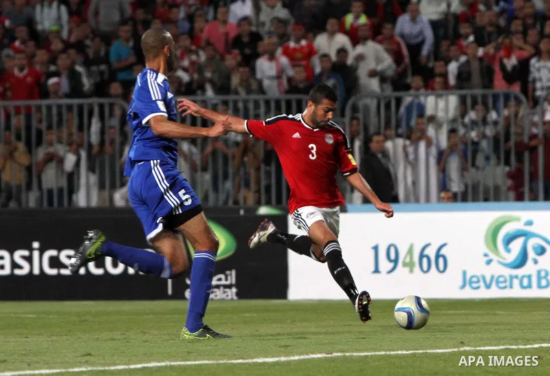 Egypt's players compete against Chad players during their 2018 World Cup qualifying soccer match agaist Chad at Borg El Arab "Army Stadium" in the Mediterranean city of Alexandria, north of Cairo, Egypt, November 17, 201...
