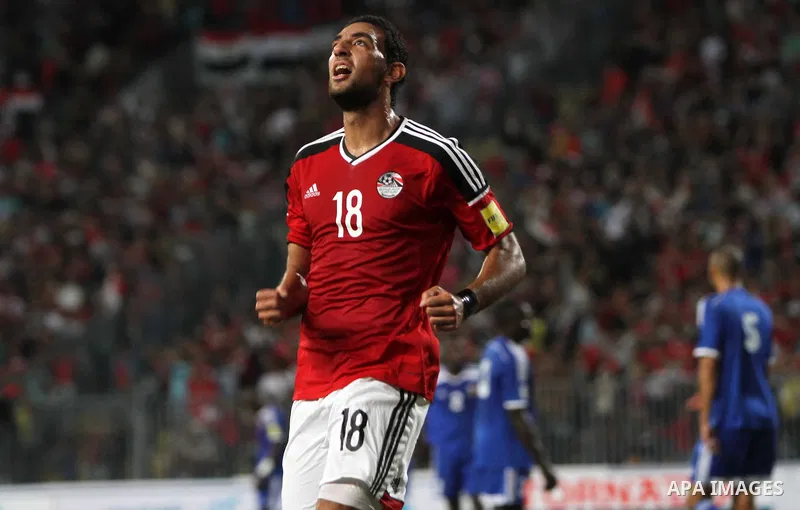 Egypt's players celebrate after Ahmed Hassan "Koka" scored a goal during their 2018 World Cup qualifying soccer match against Chad at Borg El Arab "Army Stadium" in the Mediterranean city of Alexandria, north of Cairo, E...