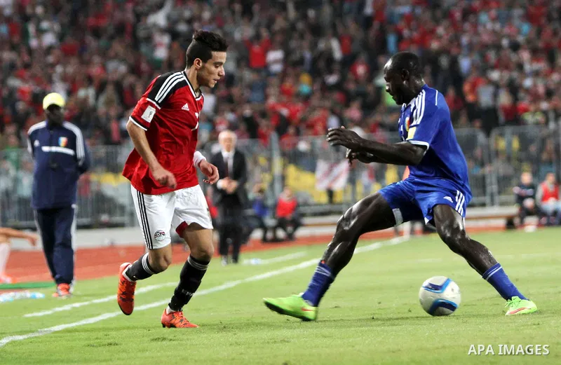 Egypt's players compete against Chad players during their 2018 World Cup qualifying soccer match agaist Chad at Borg El Arab "Army Stadium" in the Mediterranean city of Alexandria, north of Cairo, Egypt, November 17, 201...