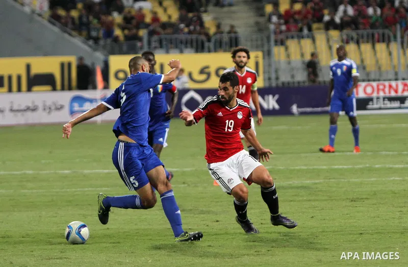 Egypt's players compete against Chad players during their 2018 World Cup qualifying soccer match agaist Chad at Borg El Arab "Army Stadium" in the Mediterranean city of Alexandria, north of Cairo, Egypt, November 17, 201...
