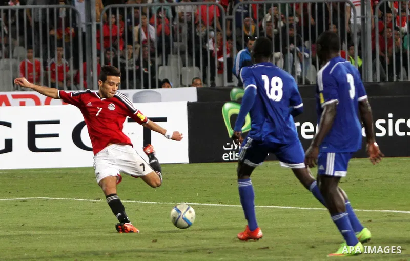 Egypt's players compete against Chad players during their 2018 World Cup qualifying soccer match agaist Chad at Borg El Arab "Army Stadium" in the Mediterranean city of Alexandria, north of Cairo, Egypt, November 17, 201...