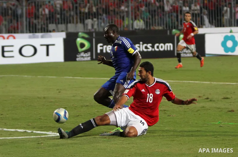 Egypt's players compete against Chad players during their 2018 World Cup qualifying soccer match agaist Chad at Borg El Arab "Army Stadium" in the Mediterranean city of Alexandria, north of Cairo, Egypt, November 17, 201...