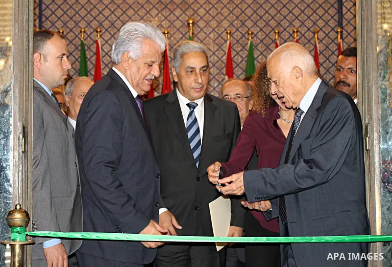 Palestinian ambassador to cairo Jamal al-Shobaki and the Secretary-General of the Arab League, Nabil Elaraby, attend a ceremony in observance of the International Day of Solidarity with the Palestinian People, at the Ara...
