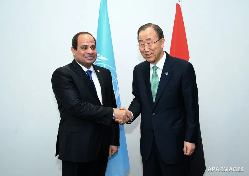 Egypt's President Abdel Fattah al-Sisi meets with UN Secretary-General Ban Ki-moon during the opening day of the World Climate Change Conference 2015 (COP21) at Le Bourget, near Paris, France, 30 November 2015. Photo by...