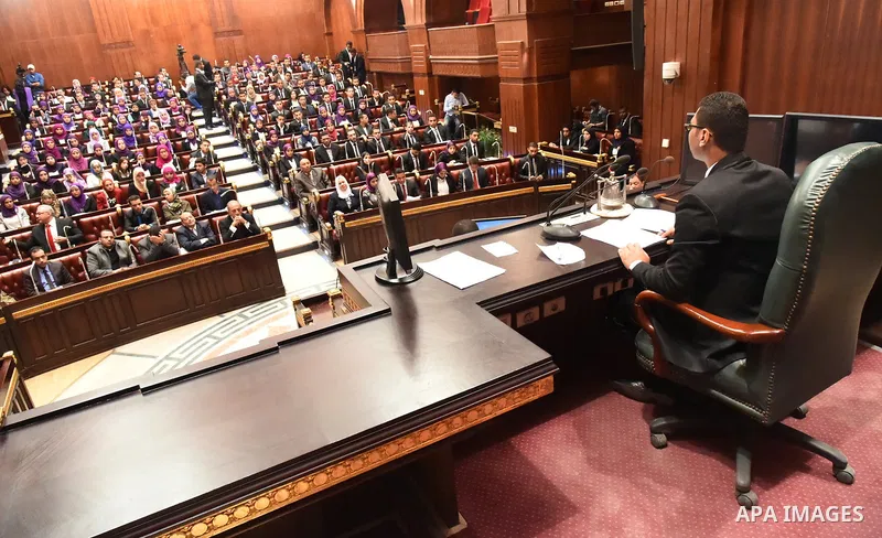 Egyptian students of Cairo University attend a simulation meeting of members of Parliament, at Cairo University on November 30, 2015. Photo by Stringer