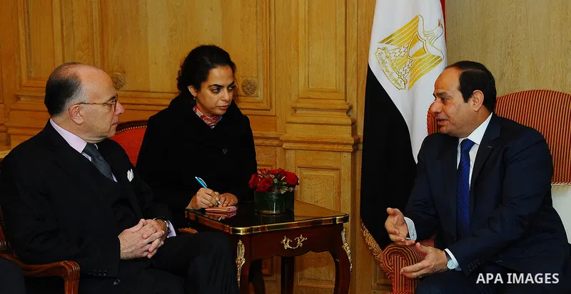 Egyptian President Abdel Fattah al-Sisi meets with French Interior Minister in Cairo, Egypt on December 01, 2015. Photo by Egyptian President Office