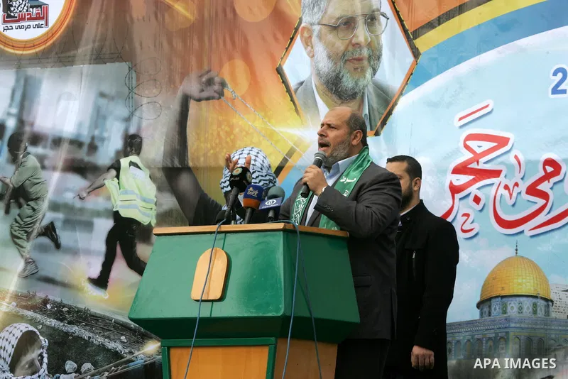 Senior Hamas leader Khalil al-Hayah speaks during a military parade by members of the Ezzedine al-Qassam Brigades, the armed wing of the Hamas movement, on December 11, 2015, to mark the ruling Islamist movement's 28th b...