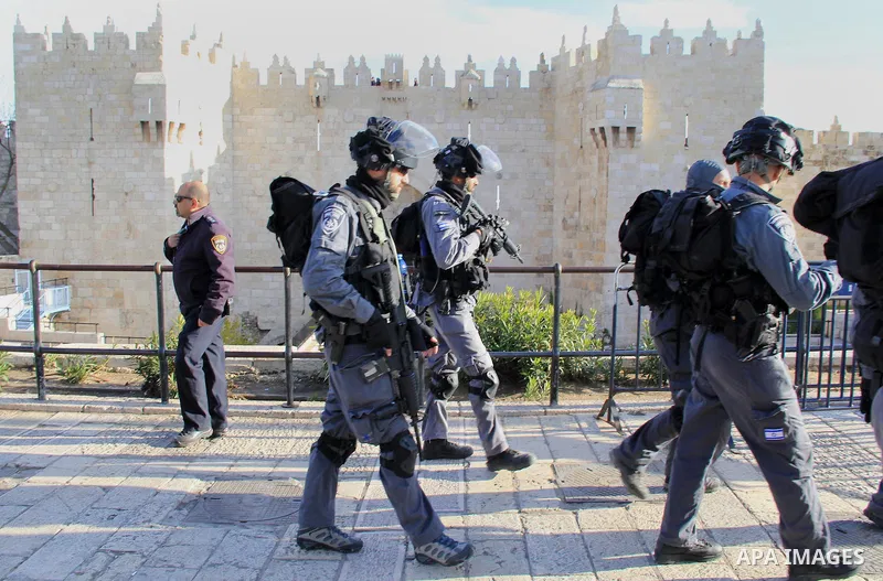 Israeli anti-riot policemen take position during a protest calling for the Israeli authorities to the return to their families the bodies of Palestinian attackers from East Jerusalem who were killed by Israeli security f...