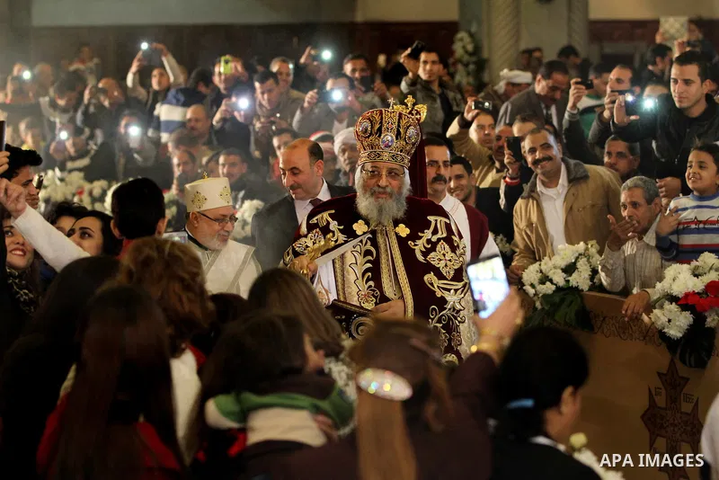 Pope Tawadros II, the 118th Pope of the Coptic Orthodox Church of Alexandria and Patriarch of the See of St. Mark Cathedral, leads Egypt's Coptic Christmas eve mass in Cairo, Egypt, January 6, 2016. Photo by Stringer