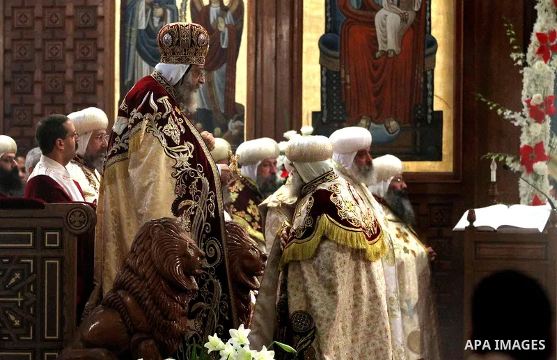 Pope Tawadros II, the 118th Pope of the Coptic Orthodox Church of Alexandria and Patriarch of the See of St. Mark Cathedral, leads Egypt's Coptic Christmas eve mass in Cairo, Egypt, January 6, 2016. Photo by Stringer