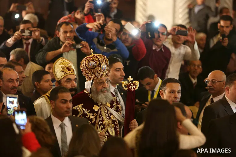 Pope Tawadros II, the 118th Pope of the Coptic Orthodox Church of Alexandria and Patriarch of the See of St. Mark Cathedral, leads Egypt's Coptic Christmas eve mass in Cairo, Egypt, January 6, 2016. Photo by Stringer